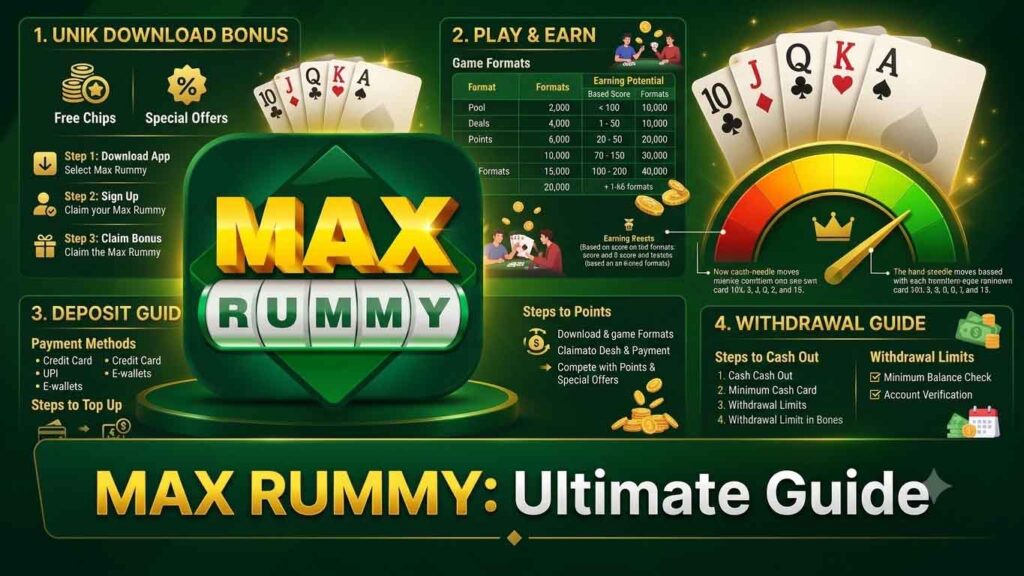 Max Rummy ek simple aur trusted online card game app hai jahan aap Rummy khelkar real cash jeet sakte hain. Abhi download karen aur ₹99 free bonus paayen